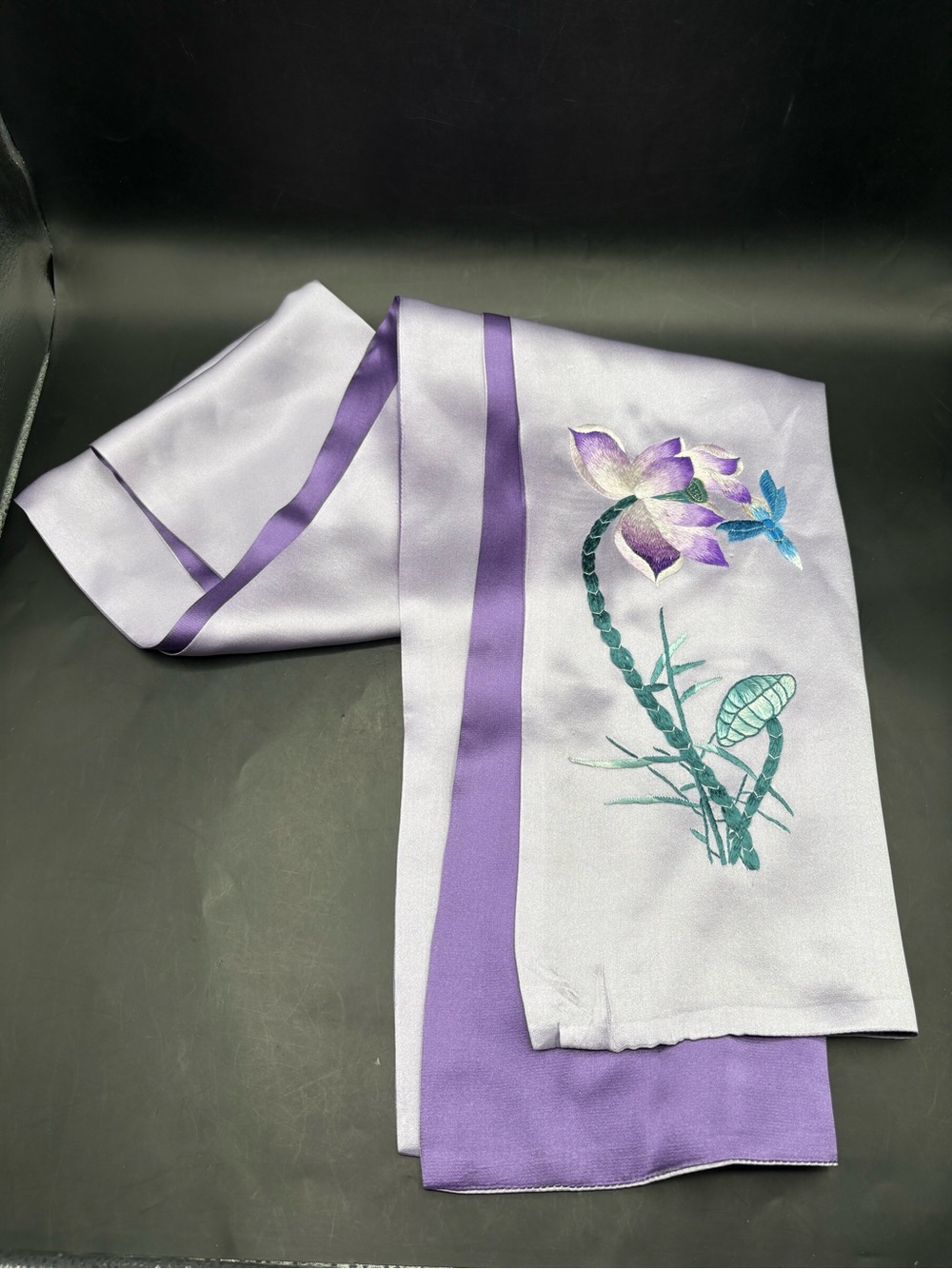 Hand-Embroidered Suzhou Silk Scarf Purple Lotus Dragonfly